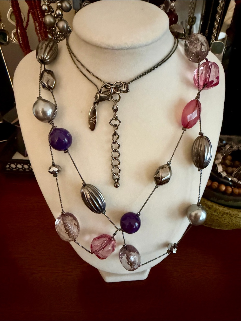 New York & Company Multi-Strand Beaded Necklace in Purple, Pink and Silver